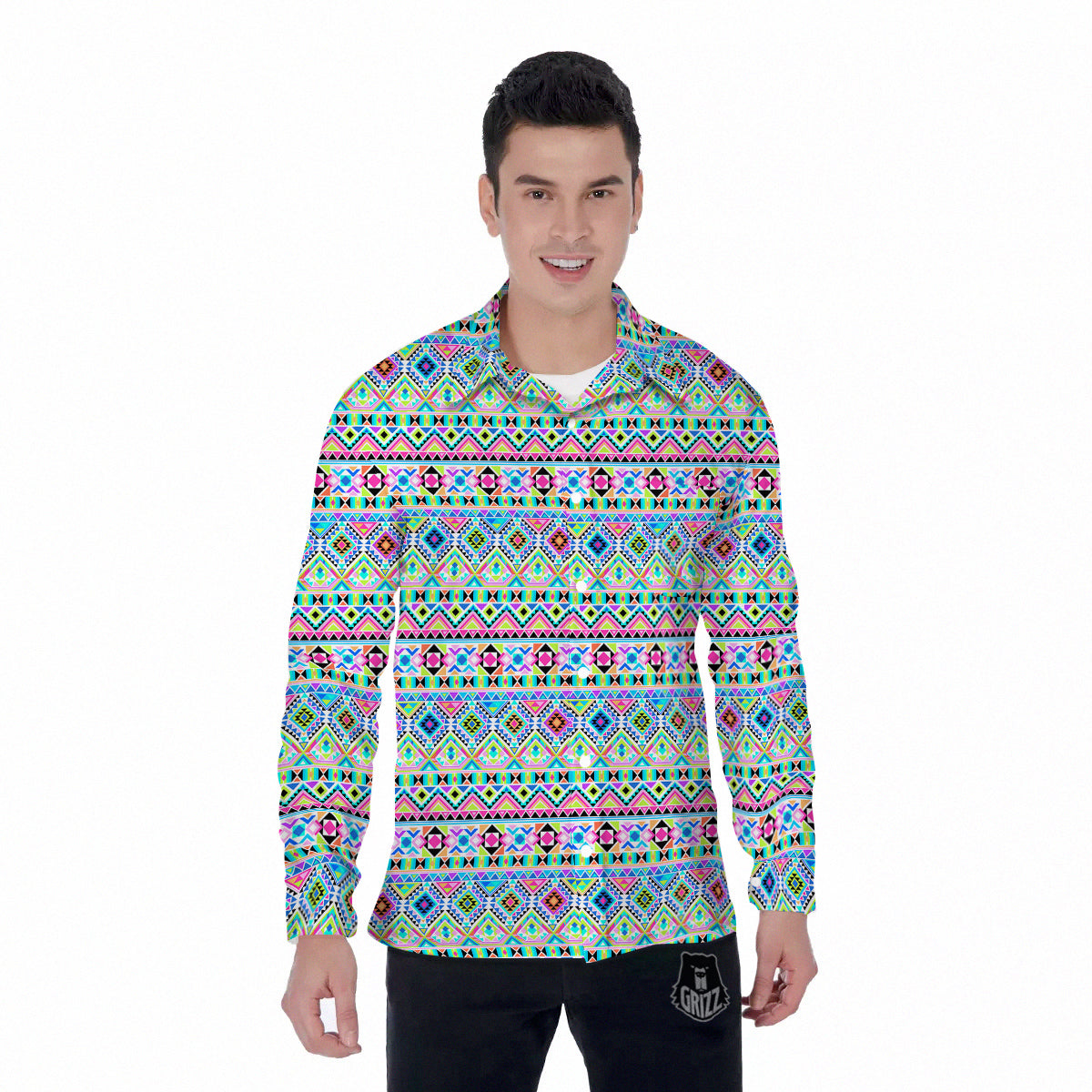 Aztec Colorful Print Pattern Men's Long Sleeve Shirts-grizzshop