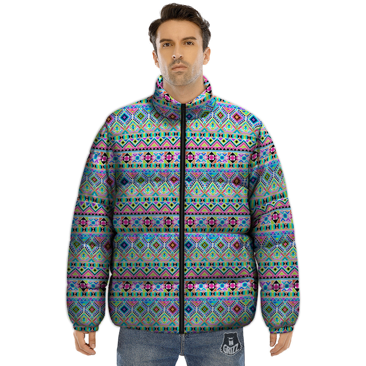 Aztec Colorful Print Pattern Puffer Jacket-grizzshop