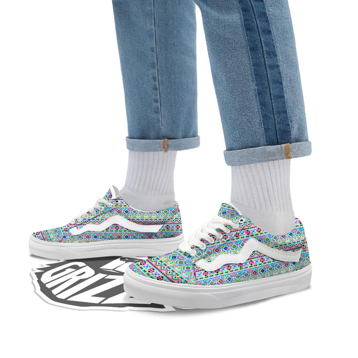 Aztec Colorful Print Pattern Skate Shoes-grizzshop