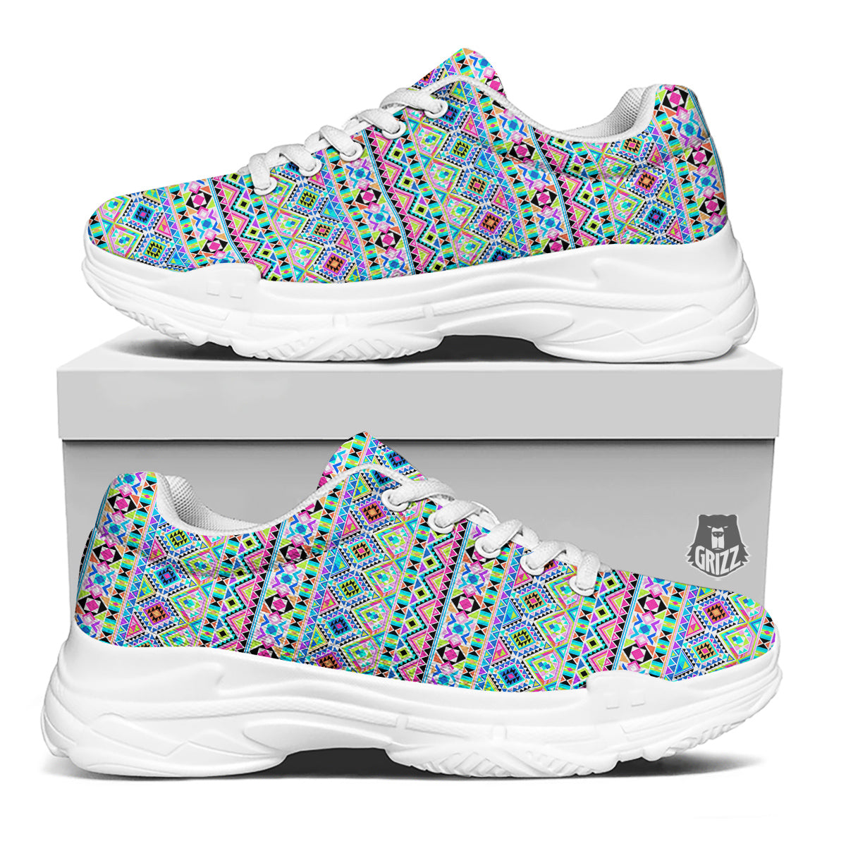 Aztec Colorful Print Pattern White Chunky Shoes-grizzshop