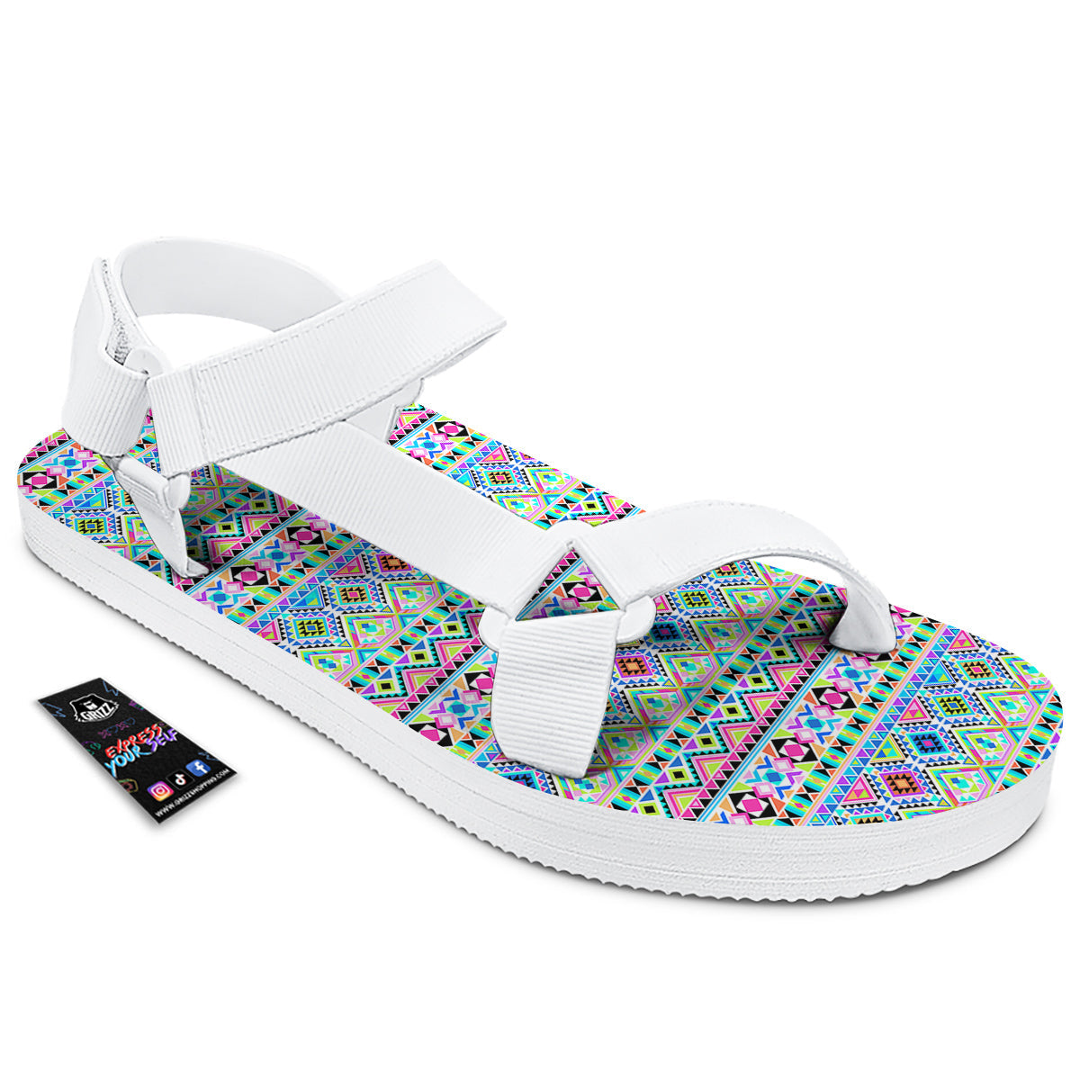 Aztec Colorful Print Pattern White Open Toe Sandals-grizzshop