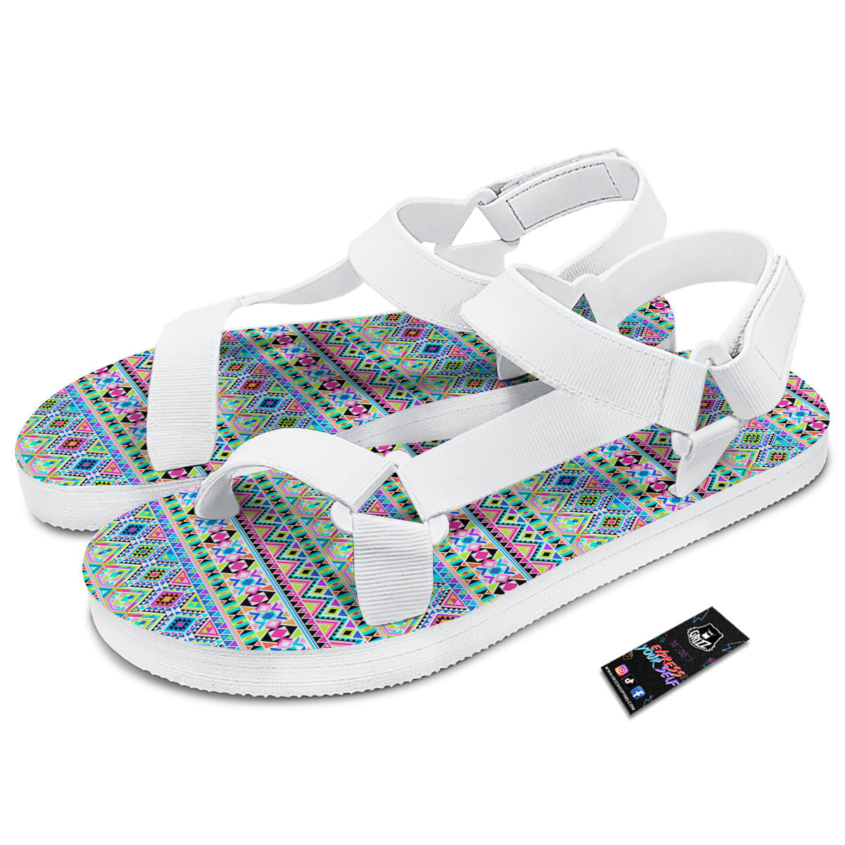 Aztec Colorful Print Pattern White Open Toe Sandals-grizzshop