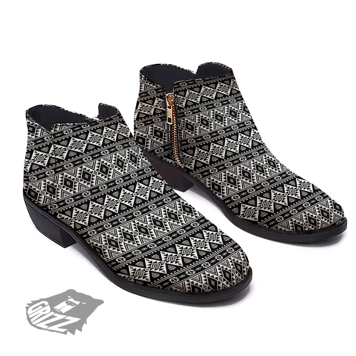 Aztec Dark Grey Print Pattern Ankle Boots-grizzshop