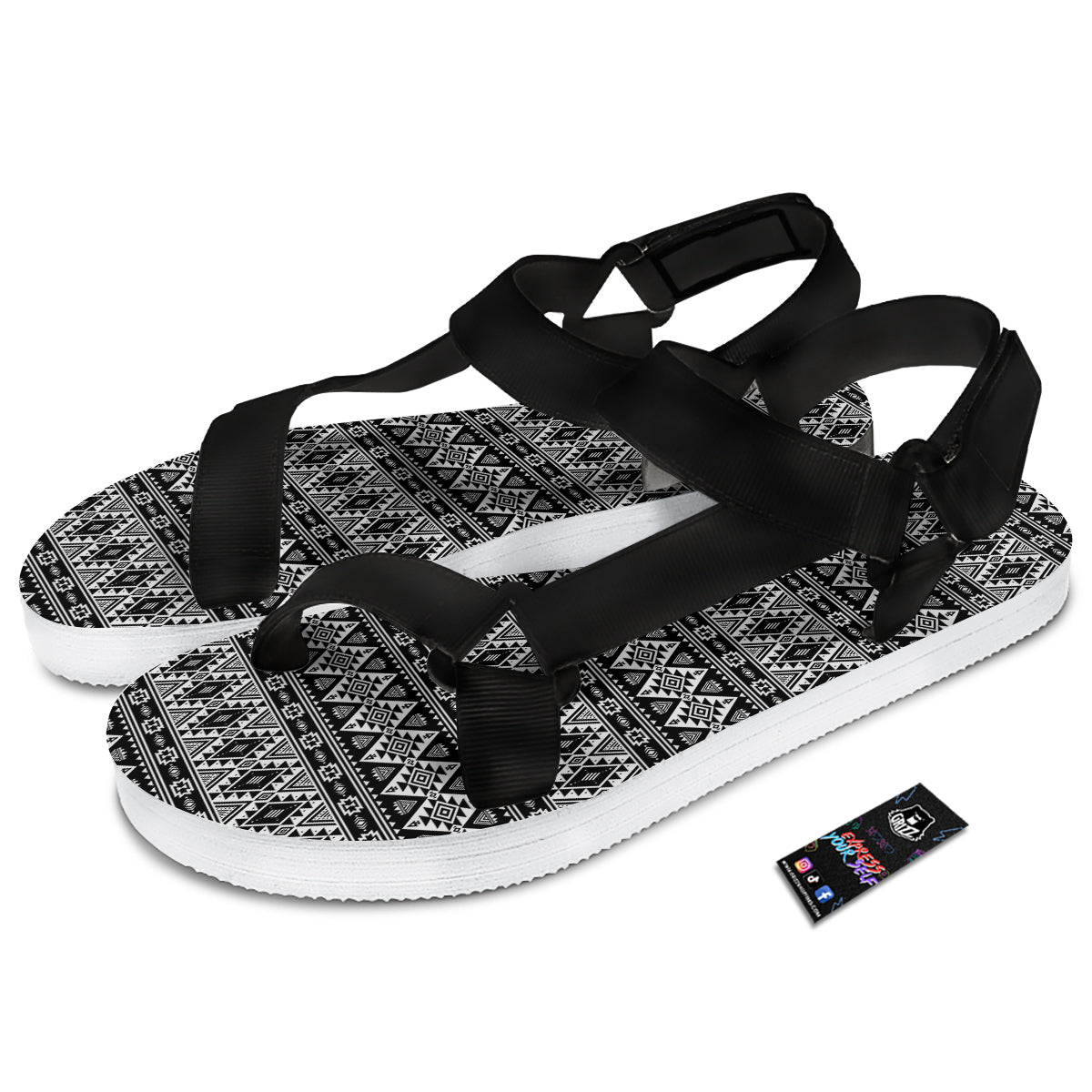 Aztec Dark Grey Print Pattern Black Open Toe Sandals-grizzshop