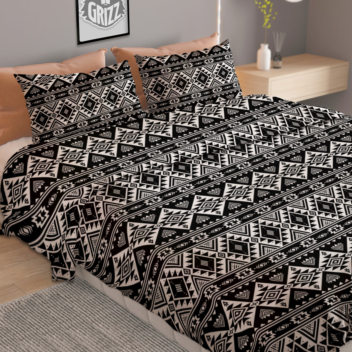 Aztec Dark Grey Print Pattern Duvet Cover Bedding Set