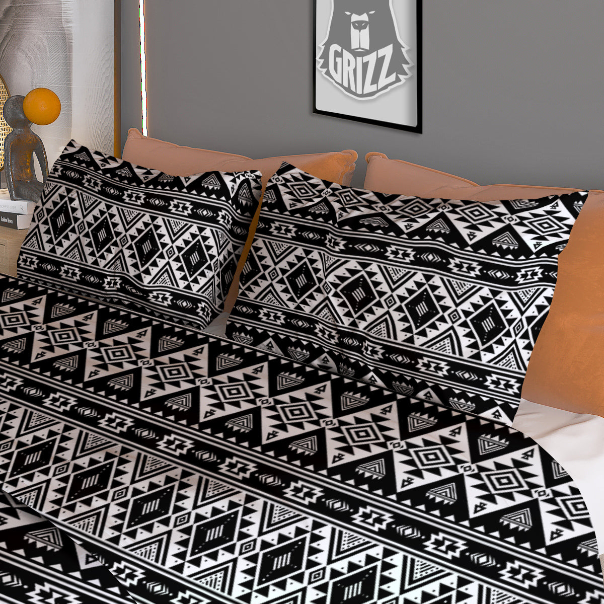 Aztec Dark Grey Print Pattern Duvet Cover Bedding Set