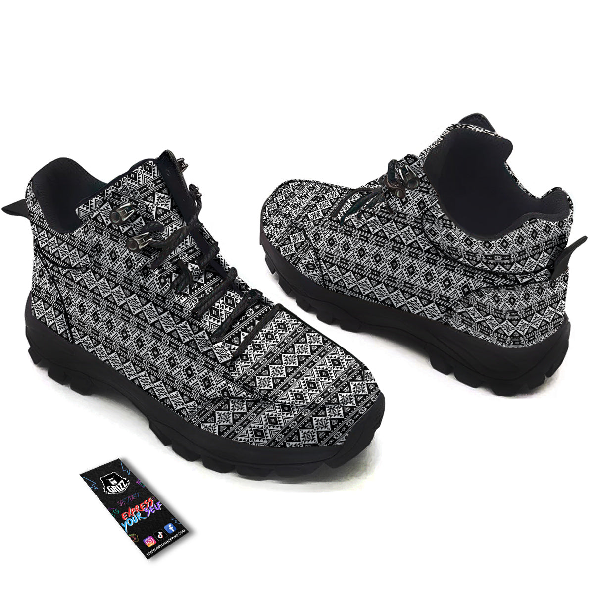 Aztec Dark Grey Print Pattern Hiking Shoes-grizzshop
