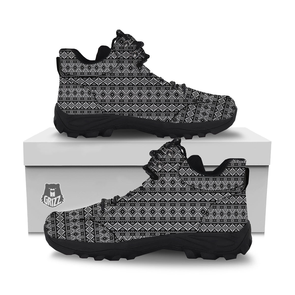 Aztec Dark Grey Print Pattern Hiking Shoes-grizzshop