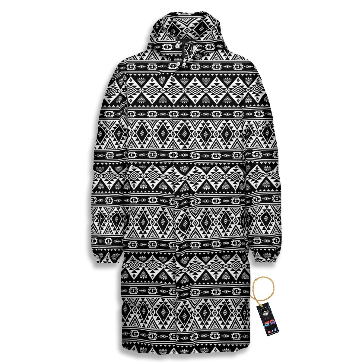 Aztec Dark Grey Print Pattern Long Down Jacket-grizzshop