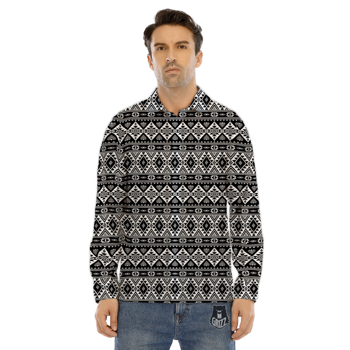 Aztec Dark Grey Print Pattern Men's Dress Shirts-grizzshop