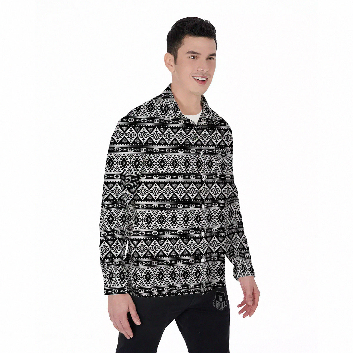 Aztec Dark Grey Print Pattern Men's Long Sleeve Shirts-grizzshop