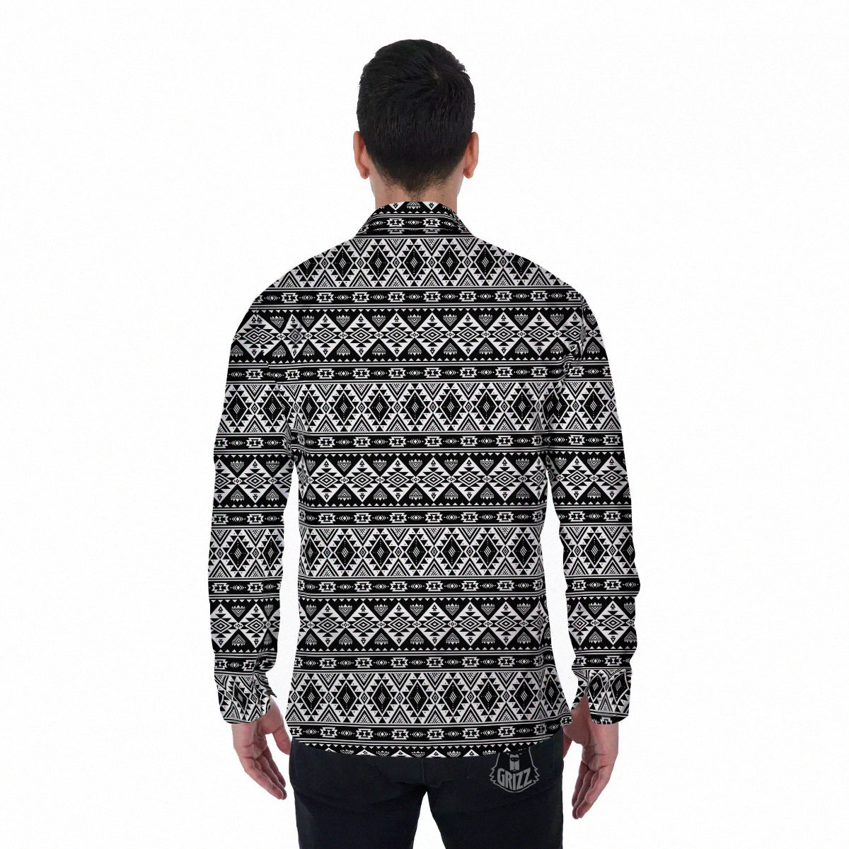 Aztec Dark Grey Print Pattern Men's Long Sleeve Shirts-grizzshop