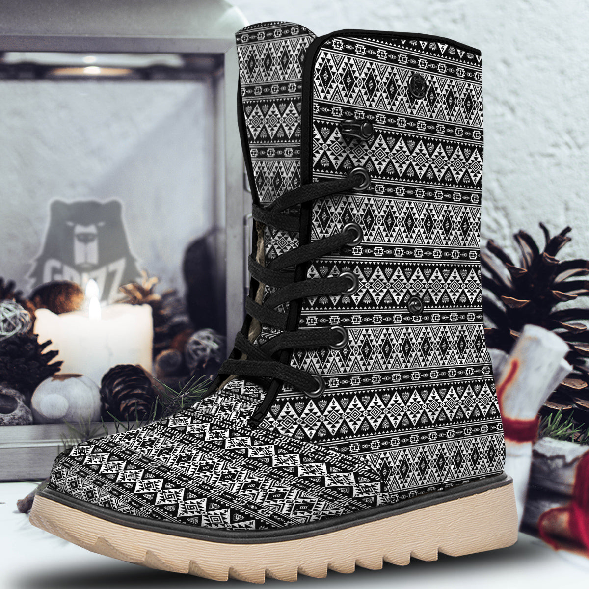 Aztec Dark Grey Print Pattern Snow Boots-grizzshop