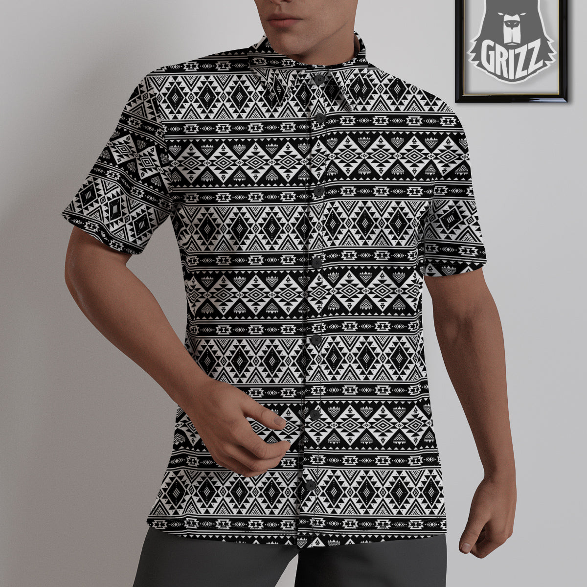 Aztec Dark Grey Print Pattern Untucked Shirts-grizzshop