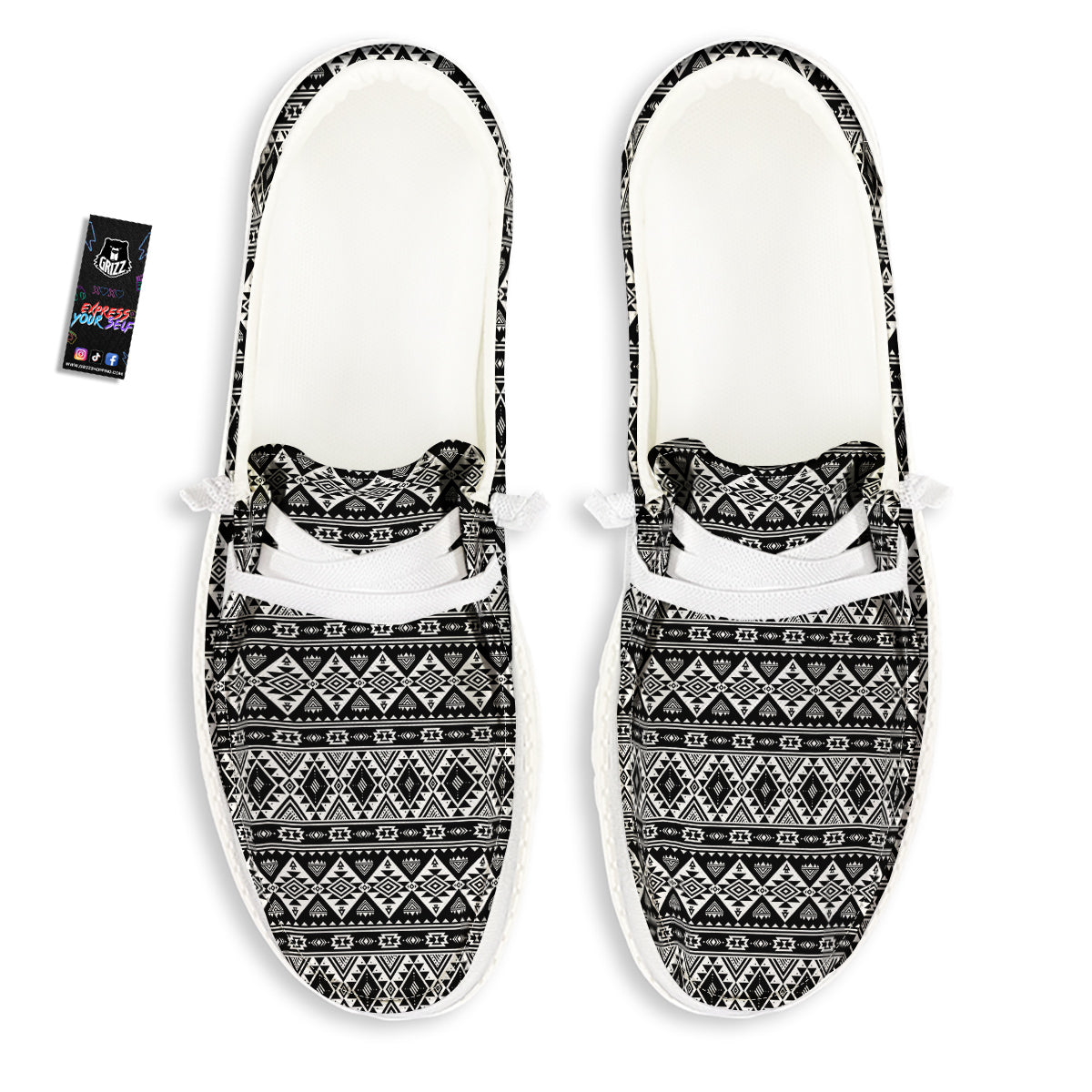 Aztec Dark Grey Print Pattern White Loafers-grizzshop