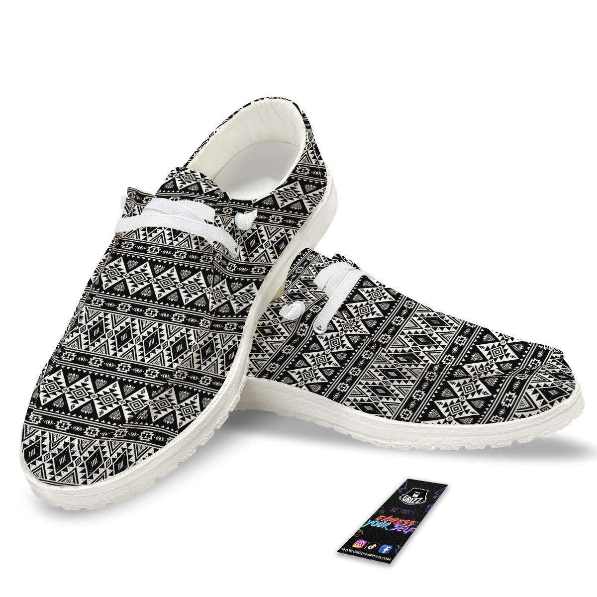 Aztec Dark Grey Print Pattern White Loafers-grizzshop