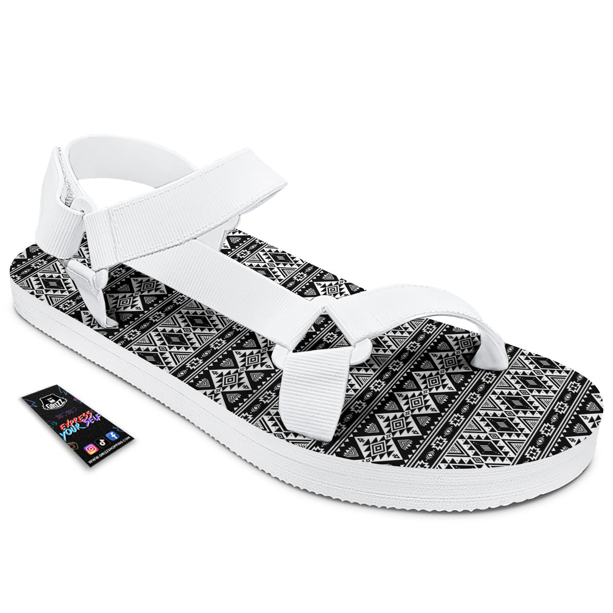 Aztec Dark Grey Print Pattern White Open Toe Sandals-grizzshop