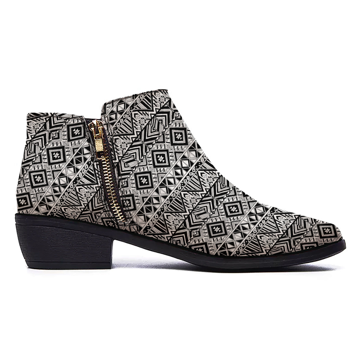 Aztec Ethnic White And Black Print Ankle Boots-grizzshop