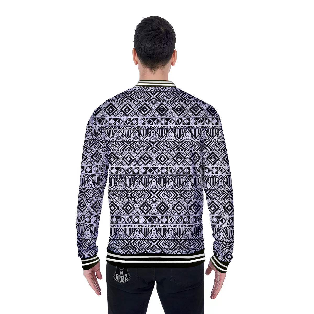 Aztec Ethnic White And Black Print Baseball Jacket-grizzshop
