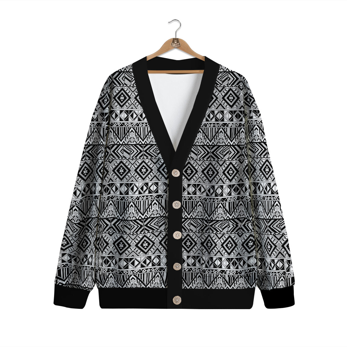 Aztec Ethnic White And Black Print Cardigan-grizzshop