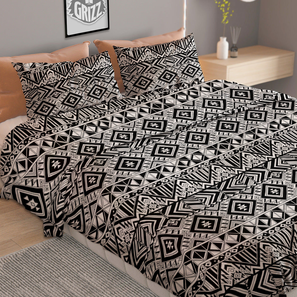 Aztec Ethnic White And Black Print Duvet Cover Bedding Set