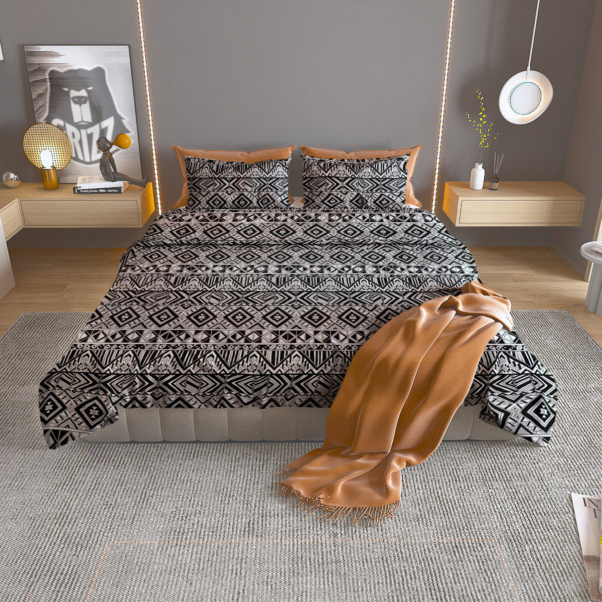 Aztec Ethnic White And Black Print Duvet Cover Bedding Set