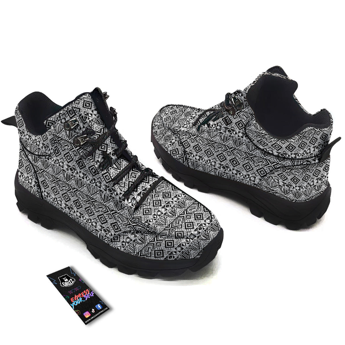 Aztec Ethnic White And Black Print Hiking Shoes-grizzshop