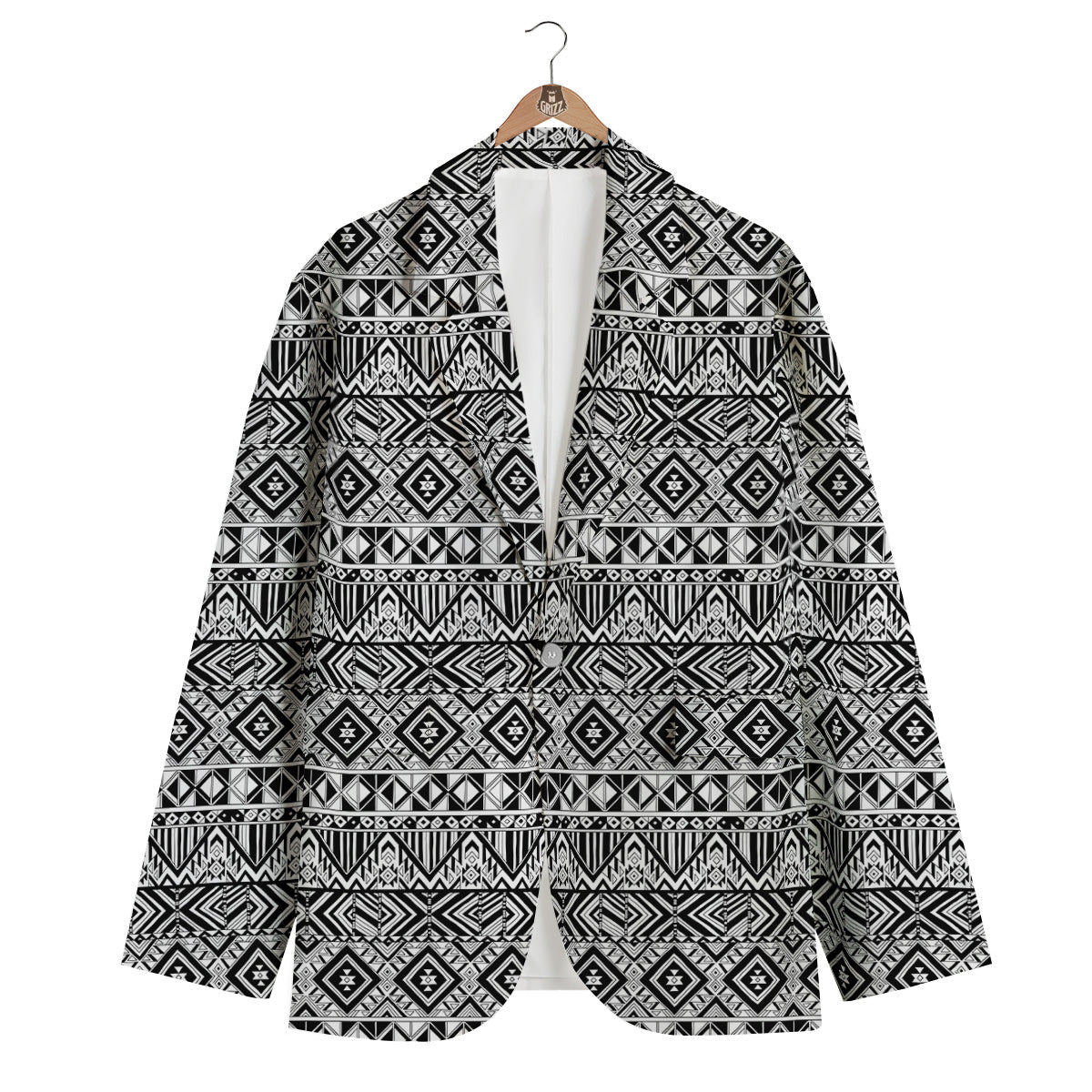 Aztec Ethnic White And Black Print Men's Blazer-grizzshop