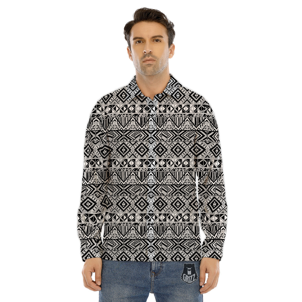 Aztec Ethnic White And Black Print Men's Dress Shirts-grizzshop