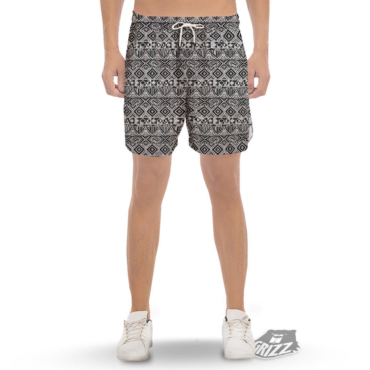 Aztec Ethnic White And Black Print Men's Gym Shorts-grizzshop