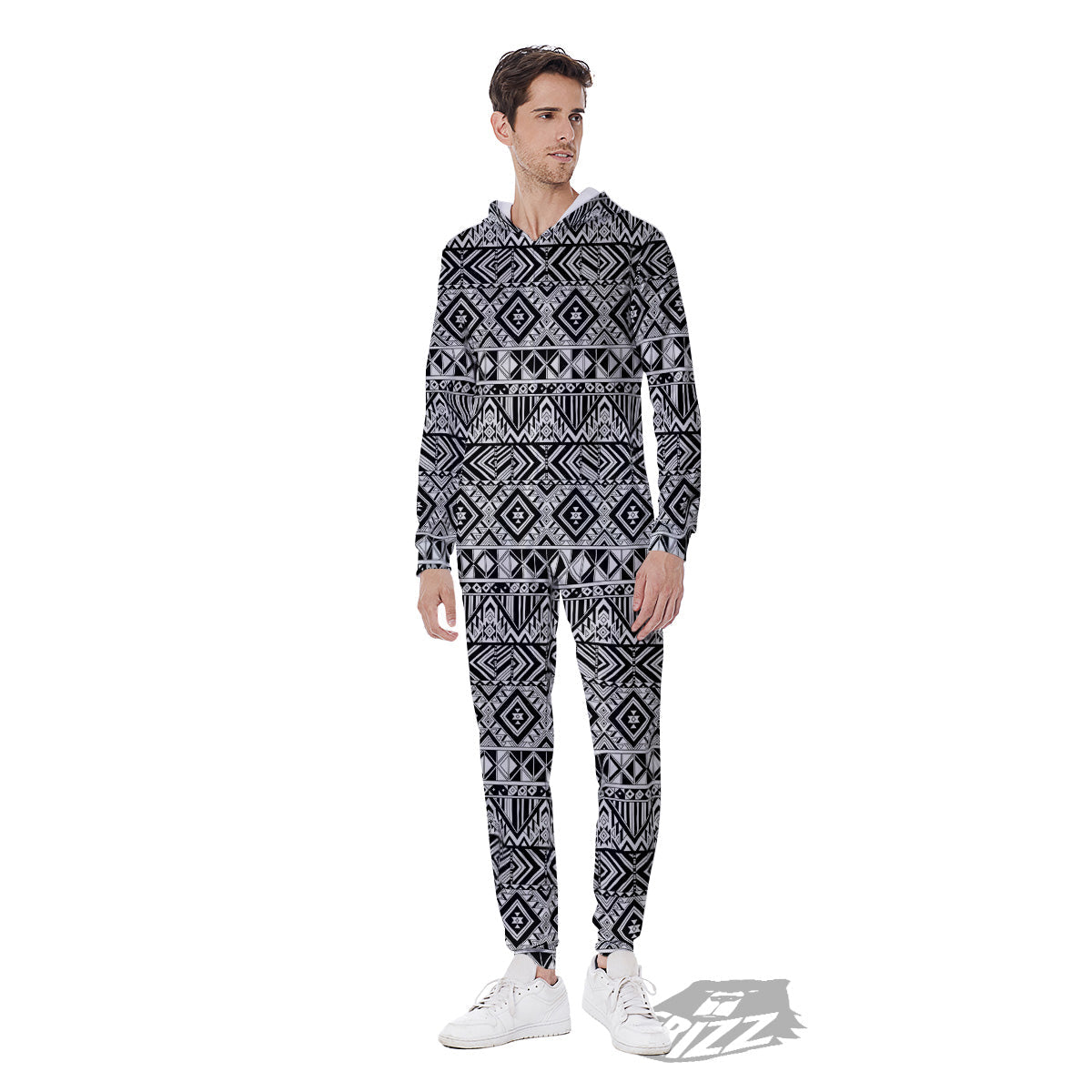 Aztec Ethnic White And Black Print Men's Jumpsuit-grizzshop
