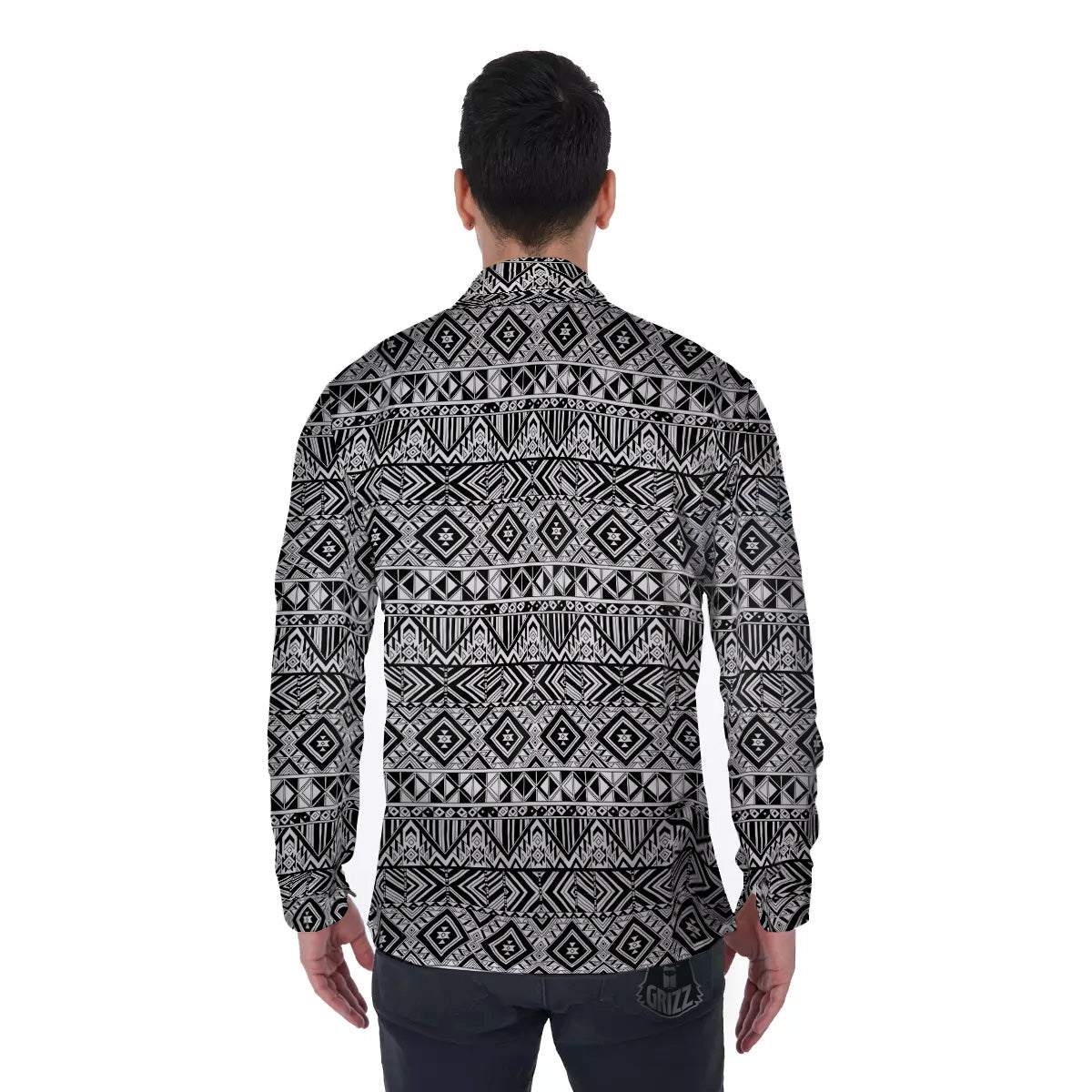 Aztec Ethnic White And Black Print Men's Long Sleeve Shirts-grizzshop