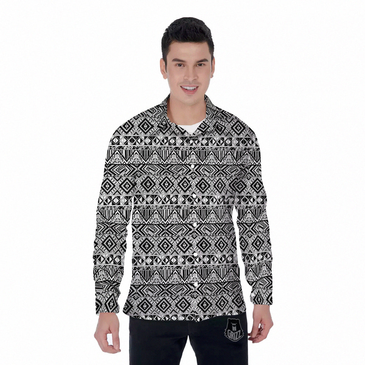 Aztec Ethnic White And Black Print Men's Long Sleeve Shirts-grizzshop