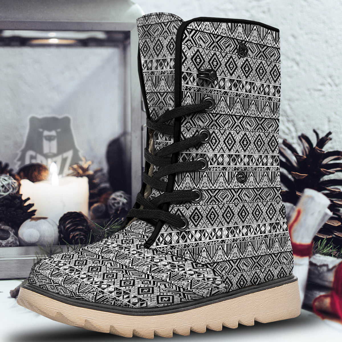 Aztec Ethnic White And Black Print Snow Boots-grizzshop