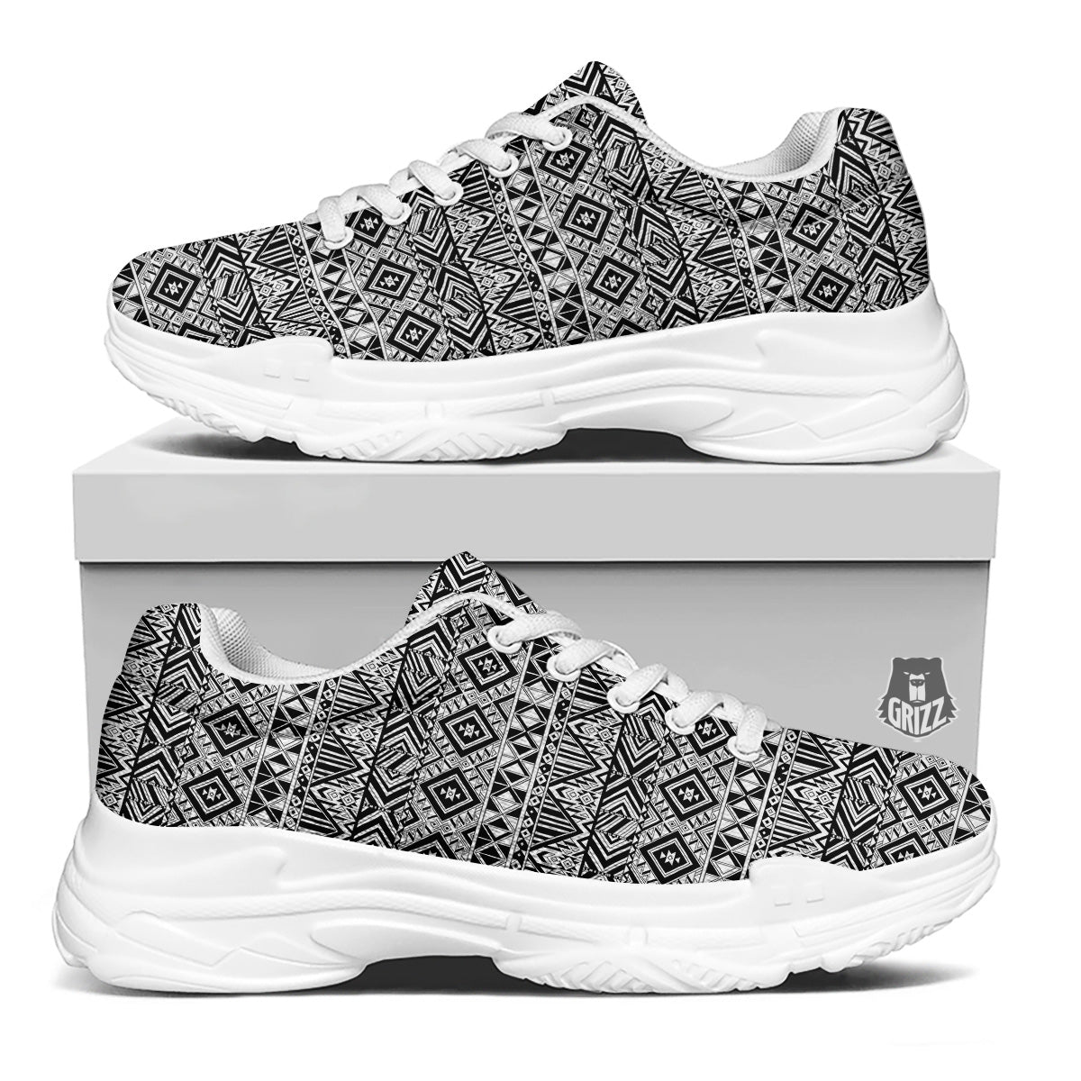 Aztec Ethnic White And Black Print White Chunky Shoes-grizzshop