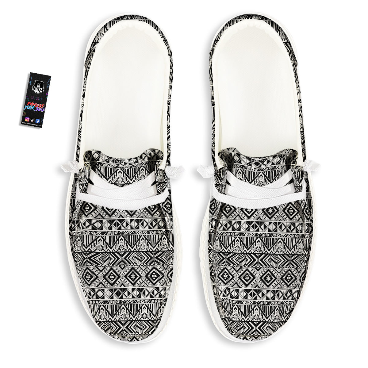 Aztec Ethnic White And Black Print White Loafers-grizzshop
