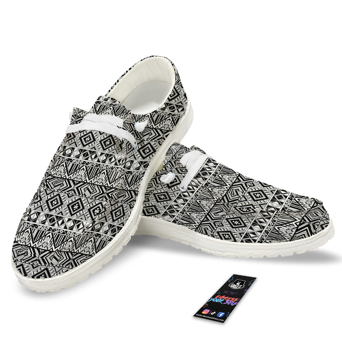 Aztec Ethnic White And Black Print White Loafers-grizzshop