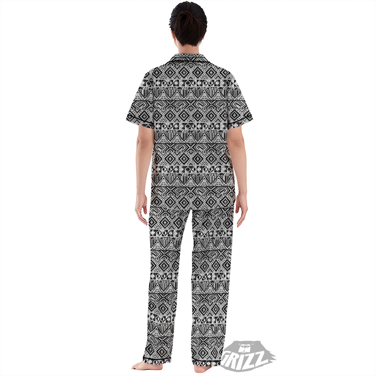 Aztec Ethnic White And Black Print Women's Pajamas Set-grizzshop