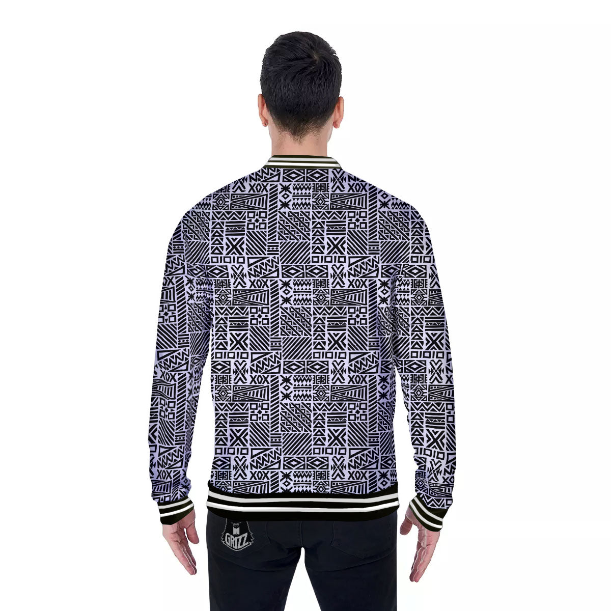 Aztec Geometric White And Black Print Baseball Jacket-grizzshop