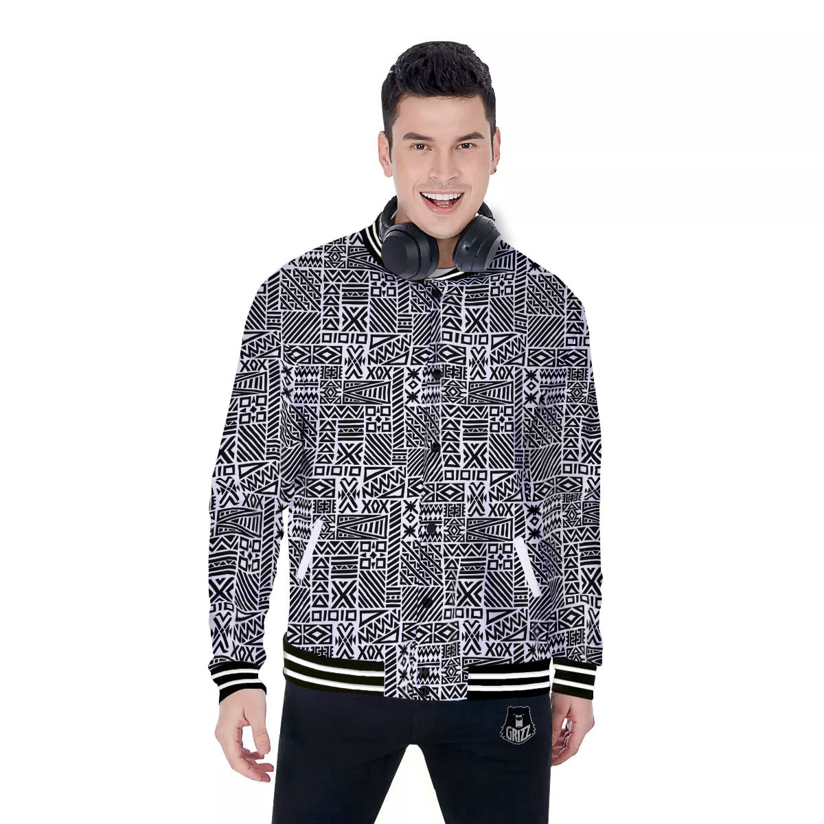 Aztec Geometric White And Black Print Baseball Jacket-grizzshop
