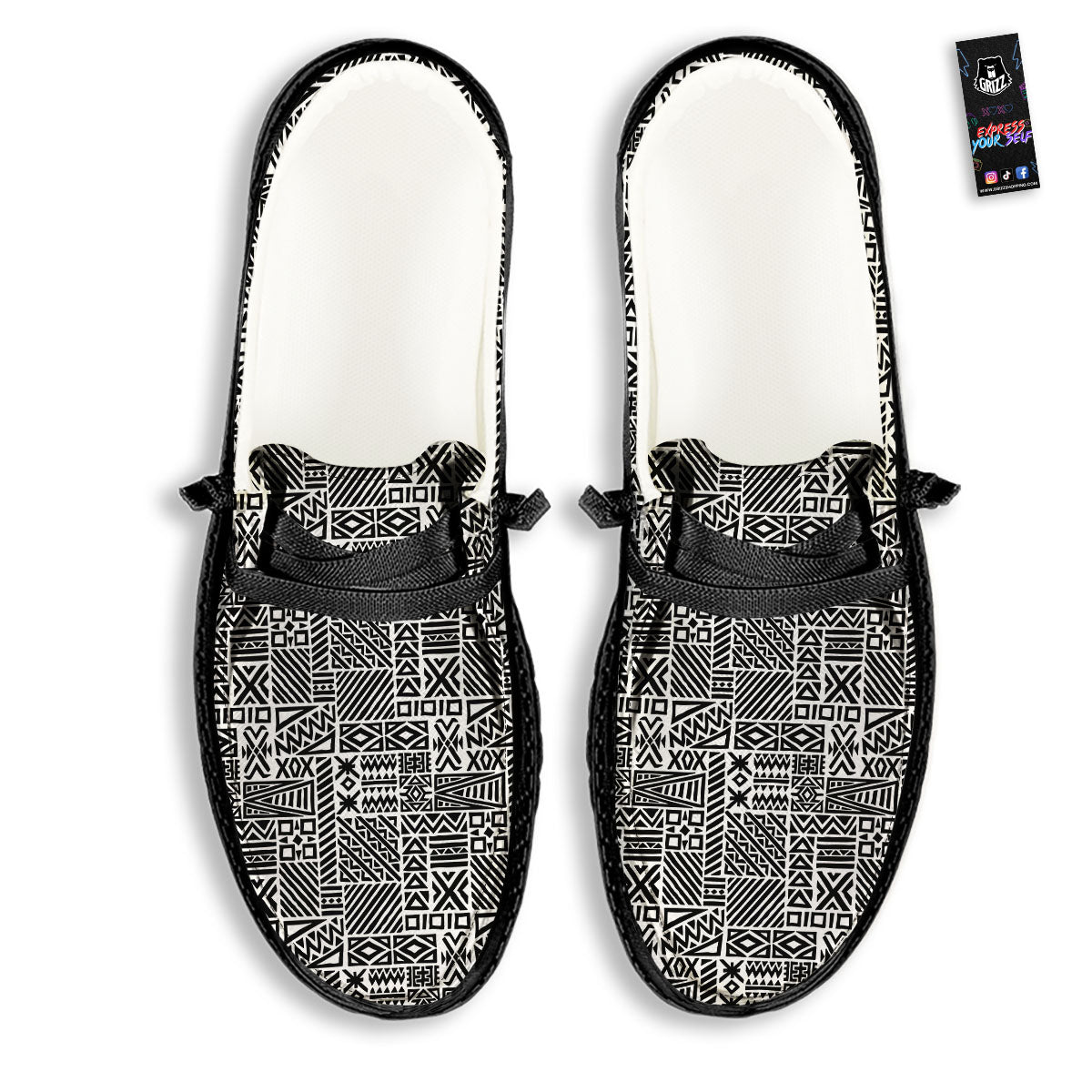 Aztec Geometric White And Black Print Black Loafers-grizzshop