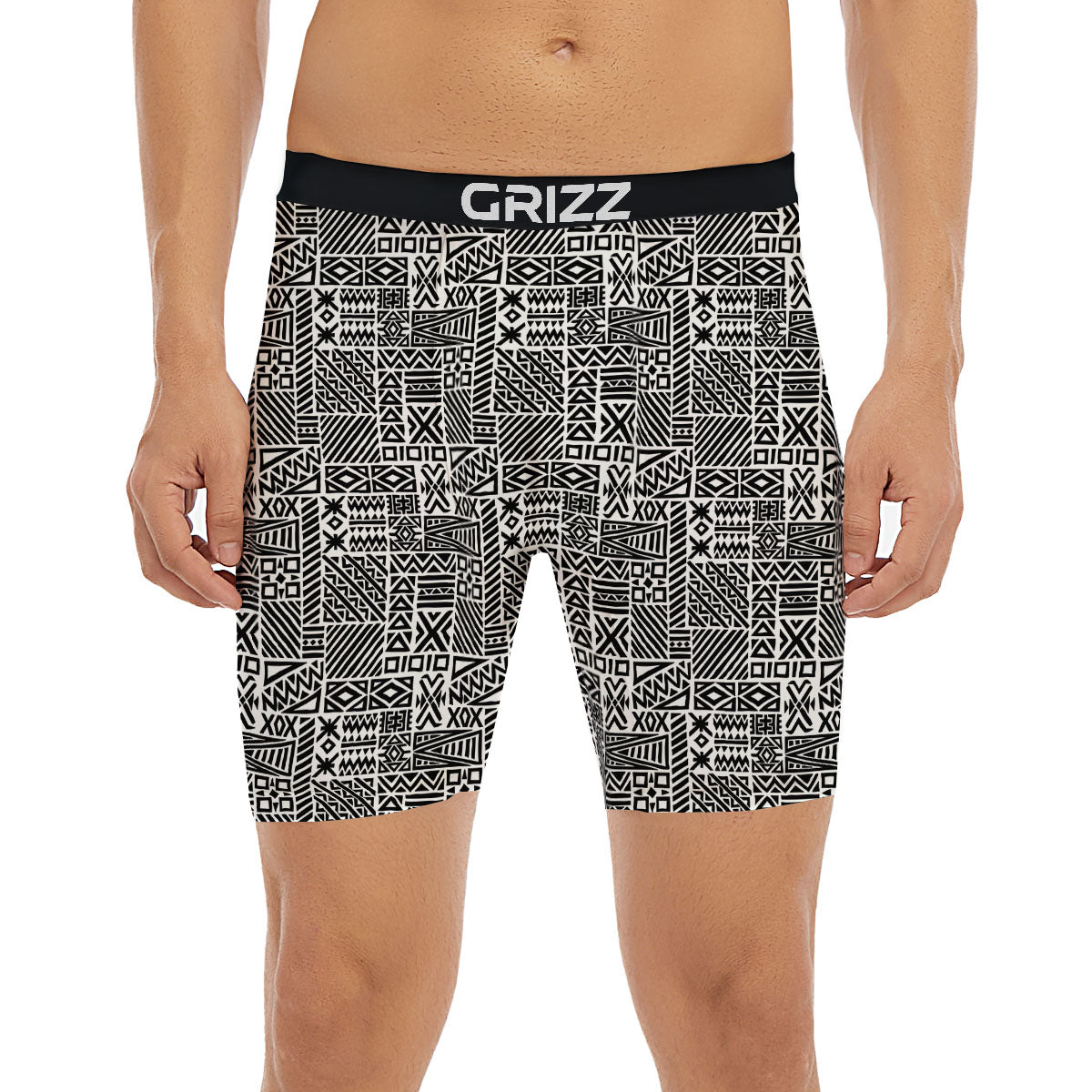Aztec Geometric White And Black Print Boxer Briefs-grizzshop