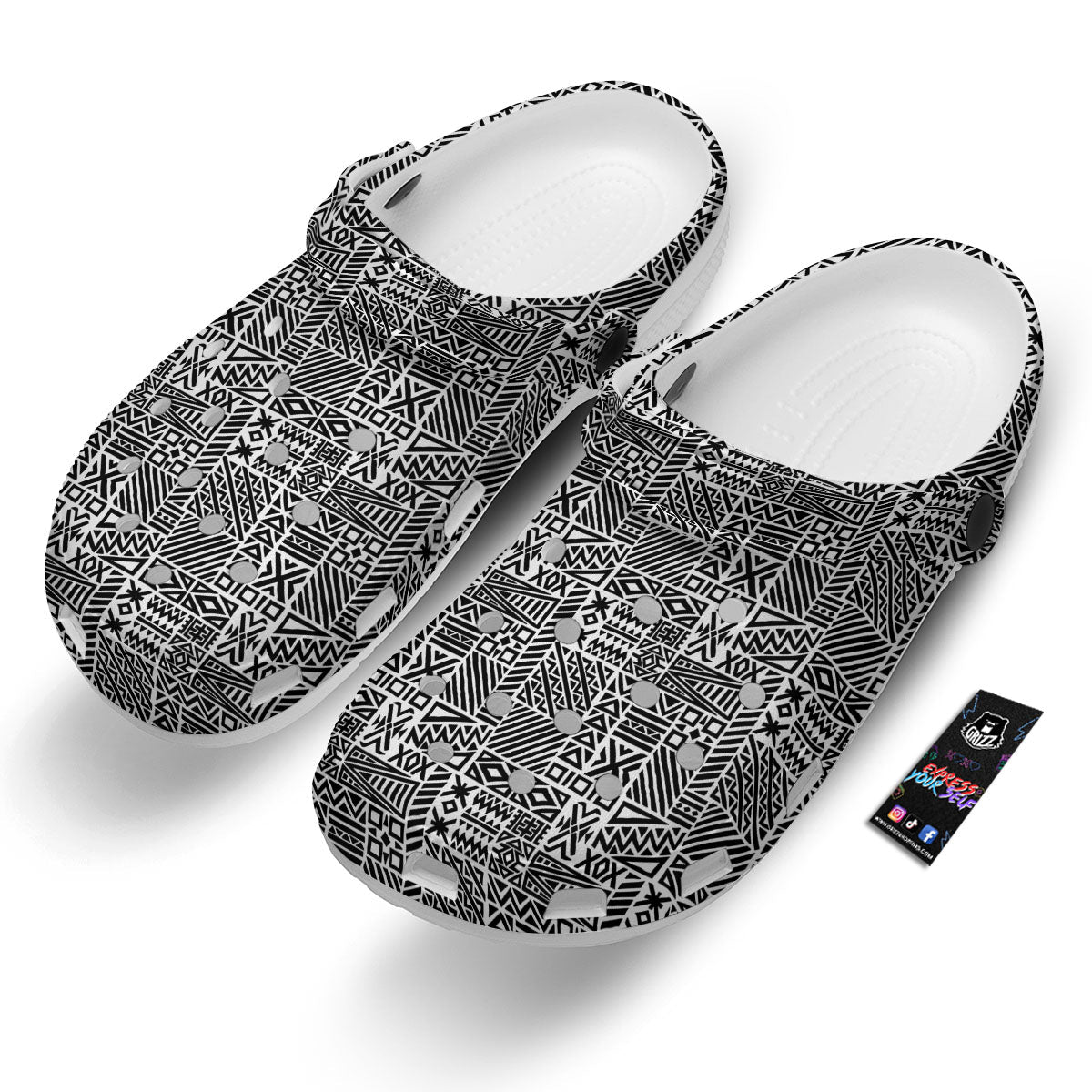 Aztec Geometric White And Black Print Clog-grizzshop