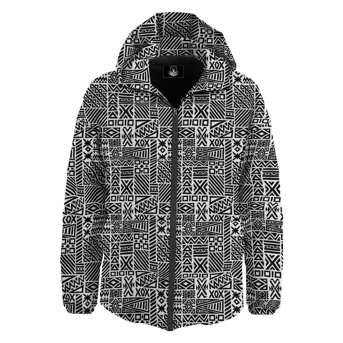 Aztec Geometric White And Black Print Down Jacket-grizzshop