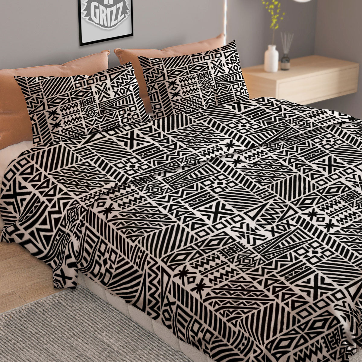 Aztec Geometric White And Black Print Duvet Cover Bedding Set