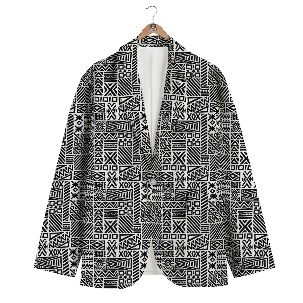 Aztec Geometric White And Black Print Men's Blazer-grizzshop