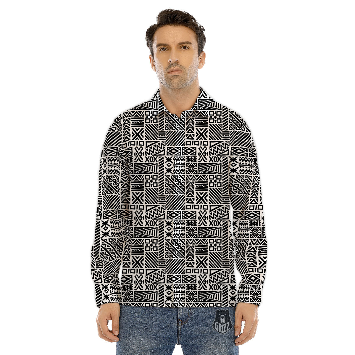 Aztec Geometric White And Black Print Men's Dress Shirts-grizzshop