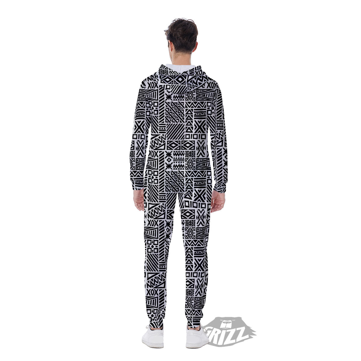 Aztec Geometric White And Black Print Men's Jumpsuit-grizzshop