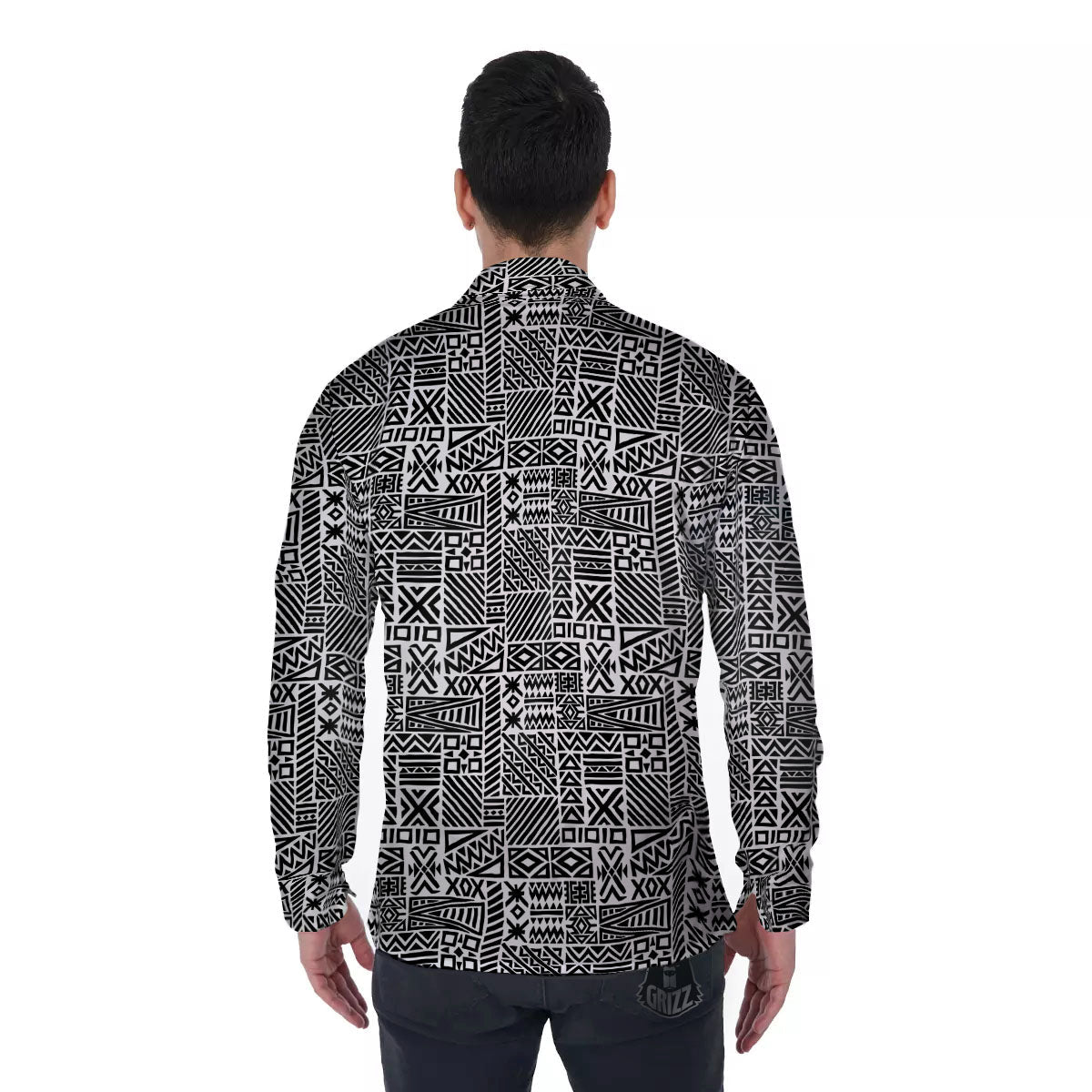 Aztec Geometric White And Black Print Men's Long Sleeve Shirts-grizzshop