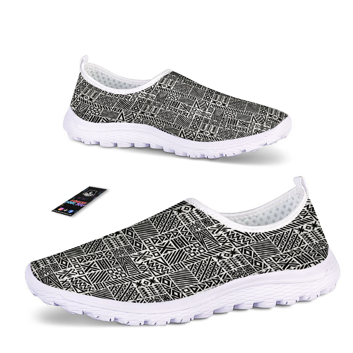 Aztec Geometric White And Black Print Nurse Shoes-grizzshop